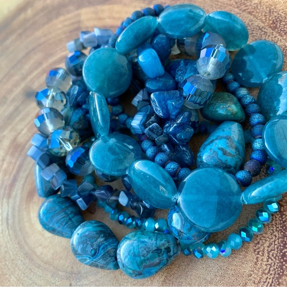 Natural Blue Gray Apatite, Jasper & Moonstone Gemstone Mix Bead Bracelet Stack - Picture 12 of 13